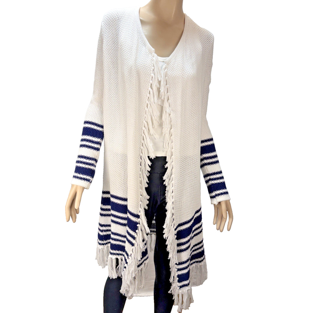 Tommy Bahama Tassel Fringe Duster Cardigan Size XS Open Front White Navy Cotton